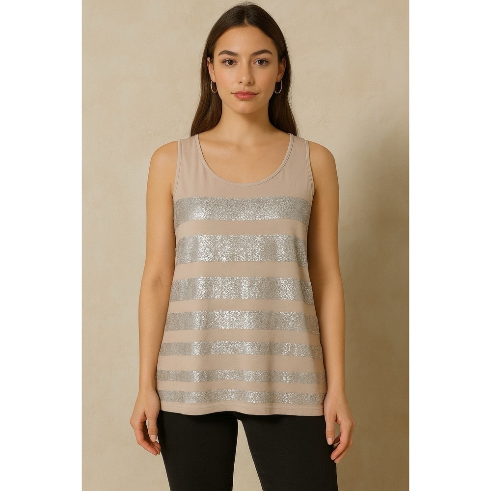 Chico's Women's Tan beige Sequin Stripe Overlay Tankβ Top Sz 2 Large Sleeveless